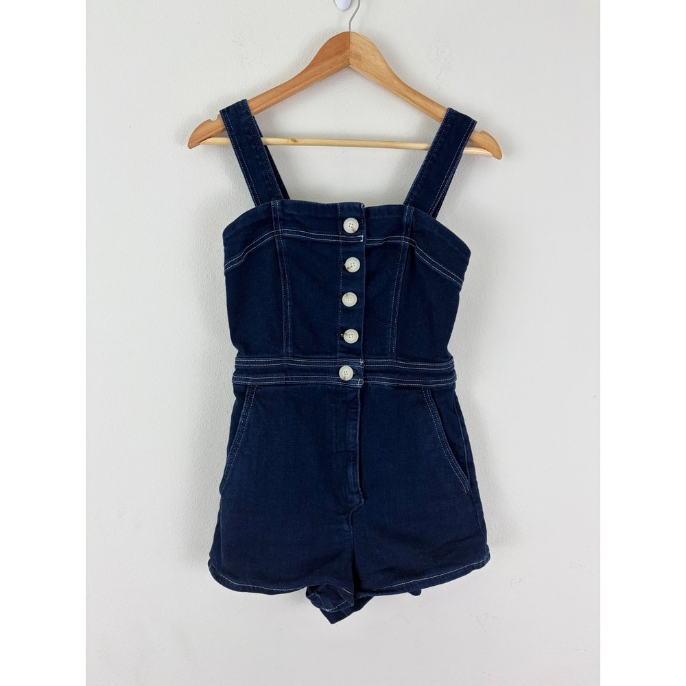 Maeve by Anthropologie sz 2 Dark Denim Portside Button Front Romper Shortalls
